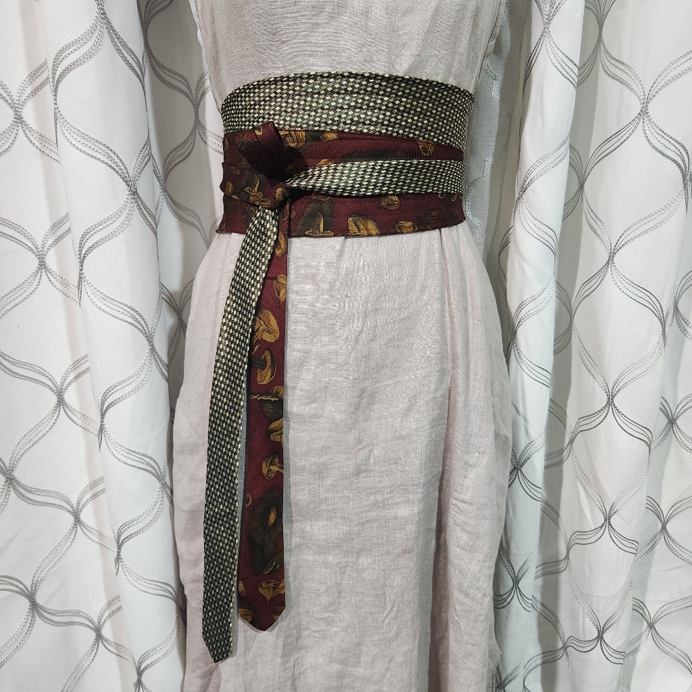 Hand Crafted Upcycled Vintage Mushroom Print 100% Silk Obi Style Sash Waist Belt